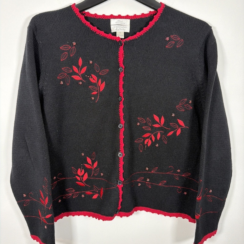 Christopher &‎ Banks Button Cardigan Red Leaf Hand Embroidered Sweater Large VNT